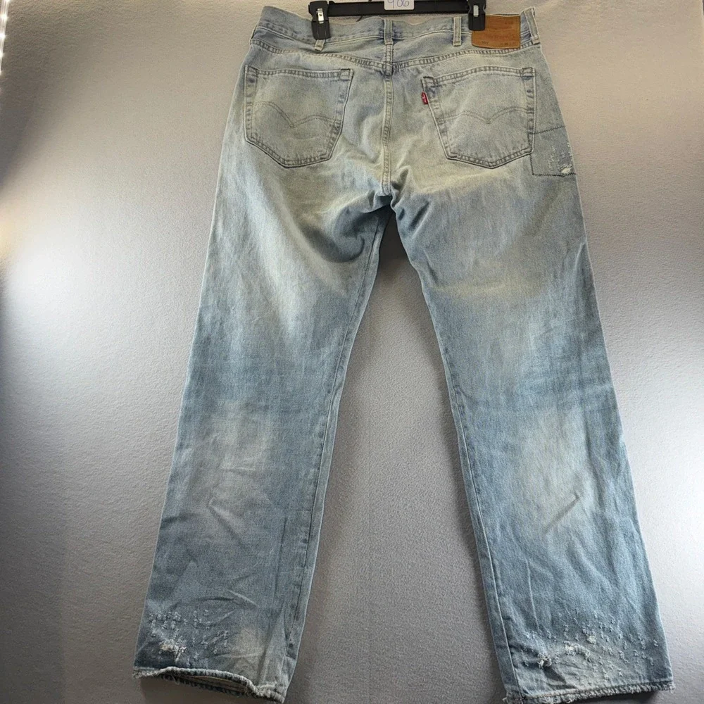 Levis Premium 501 Original Fit Patchwork Distressed Jeans Mens 38x32 Light Wash